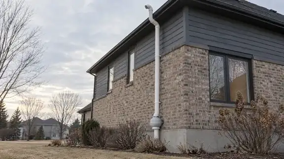 A white PVC radon vent pipe running up the exterior wall of a house and discharging above the roofline.