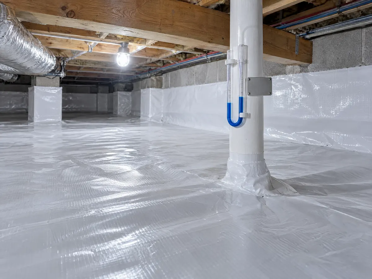 A sealed crawlspace with a reinforced vapor membrane and a PVC suction pipe carrying a u-tube manometer.