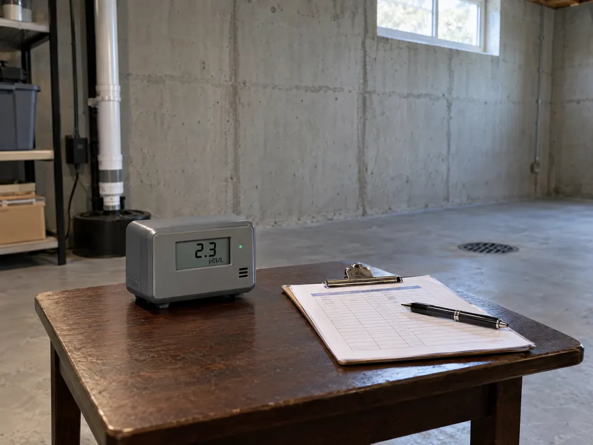 A continuous radon monitor logging a test on a table in an unfinished basement.