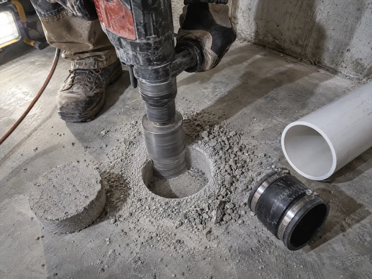 A suction point being cored through a concrete basement slab during a radon mitigation installation.